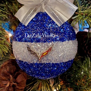 ORNAMENT 5&quot; Round Beaded-Christmas-CORVETTE C7- Made to Order-As Shown Royal Blue & Clear-Hand Beaded-Holiday Gift-Automotive-ManCave Decor