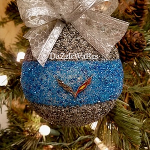 ORNAMENT 5&quot; Round Beaded-Christmas - CORVETTE C7 CEGS-Made to Order - As Shown TensionBlue/Grey-Hand Beaded-Holiday Gift-Automotive-ManCave