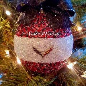 ORNAMENT 5&quot; Round Beaded-Christmas-CORVETTE C7 - Made to Order-Red/Black & Clear -Hand Beaded-Holiday Gift-Hostess Gift -Automotive-Man Cave