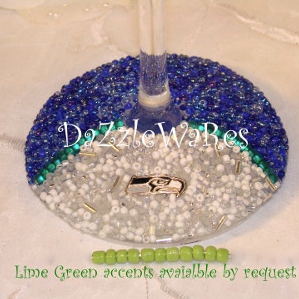 SEATTLE SEAHAWKS Themed Custom Beaded Set of 2 Wine Glass- Football - Sports Decor -Gifts -Personalized -Birthday -Dad -Mom -Wedding