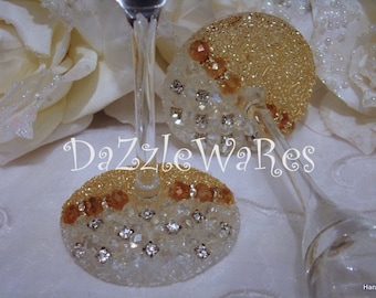 FLUTES Wedding Champagne Glass-GOLD-Custom Design-Hand Beaded-Special Occassion-Anniversary-Couture Wedding-Bridesmaids-Crystals,Rhinestone