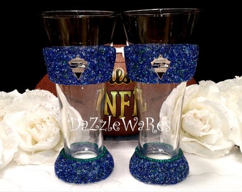 SEATTLE SEAHAWKS Themed Set of 2 Beaded Pilsners- Football - Sports Decor -Custom Gifts -Personalized -Birthday -Dad -Mom -Wedding