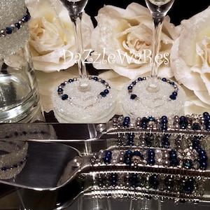 CAKE KNIFE & SERVER Set Wedding Navy Silver- Beaded Cake Set, Bridal Cake Knife Set, 50th Anniversary Set,Swarovski,Pearl Crystal Rhinestone