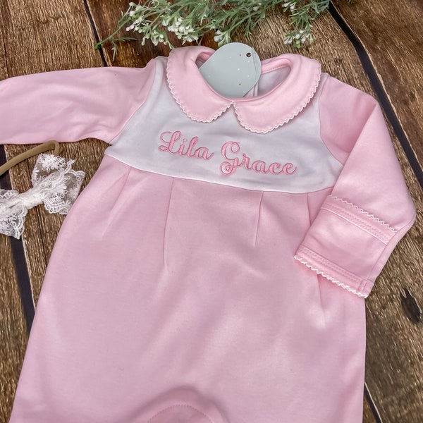 Pink Baby Girl Coming Home Outfit - Personalized Boutique Style Collar Footie with Bib - Newborn Clothing - Personalized Baby Shower Gift