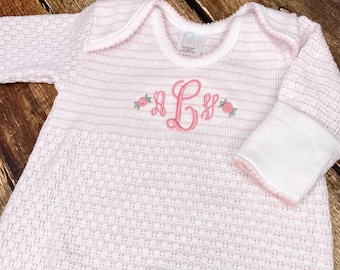 Paty Inc Knit Baby Gown Monogram -  Baby Girl Coming Home Outfit - Layette - Newborn Gown - Knit Baby Day Gown - Baby Girl Rosebuds