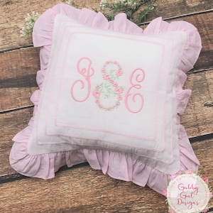 Monogrammed Linen Pink Pillow - Heirloom Floral Pillow  - Blue Pillow Baby -  Christening or Baptism Gift -  Newborn Picture