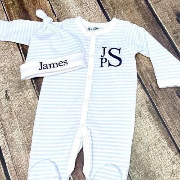 Baby Boy Coming Home Outfit, Baby Shower Gift,  Monogrammed Footie, Newborn Baby Gift, Monogrammed Sleeper,  Baby Layette, Tiny Blue Stripes