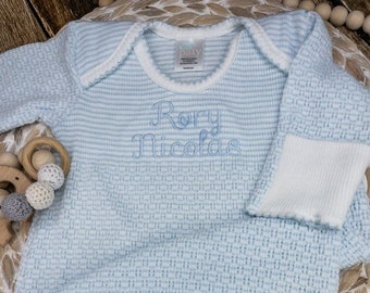 Light Blue Paty Inc Monogrammed Knit Baby Gown, Personalized Baby Boy Home Coming Outfit, Newborn Knit Layette Gown, Unisex Baby Gown