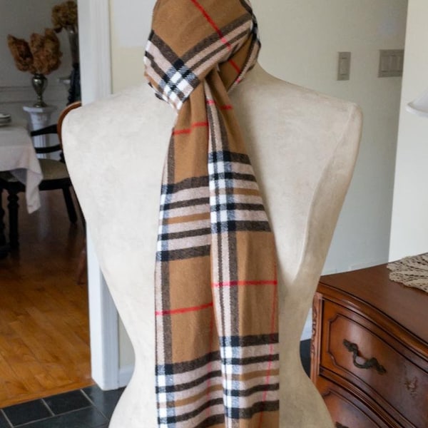Clearance Sale - Cashmere Feel Tan Black and Red Plaid Scarf - Monogrammed Traditional Plaid Scarf -  Beige and Black Soft Warm Winter Scarf