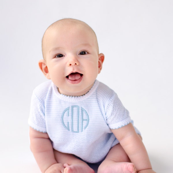 Baby Boy Knit Paty Inc Romper with Monogram, Christening Outfit, Baby Boy Coming Home, Personalized Baptism Outfit,  Monogrammed Coming Home