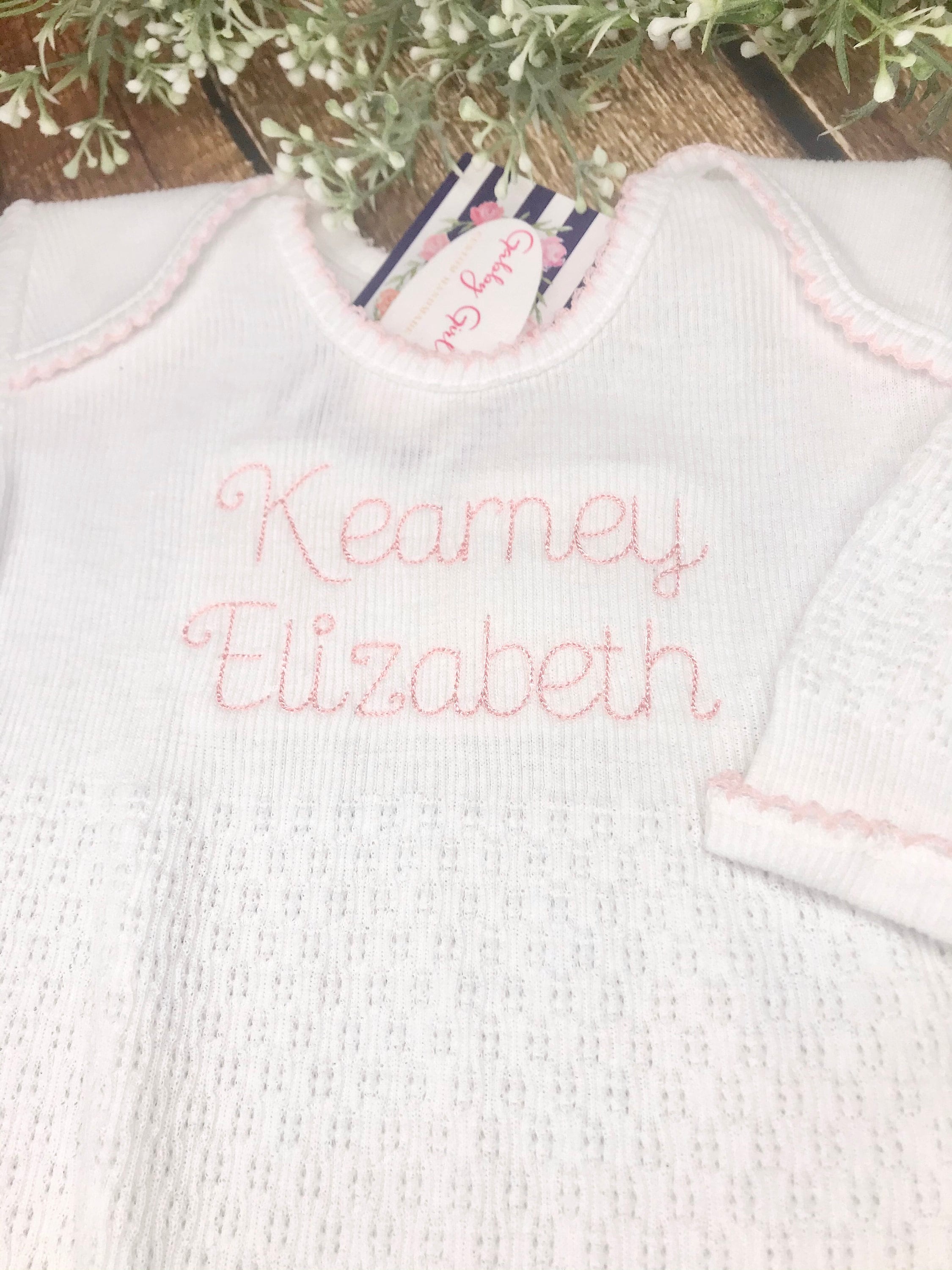 Personalized Baby Romper: Knit Cotton Blend, Pink Trim, Made in USA