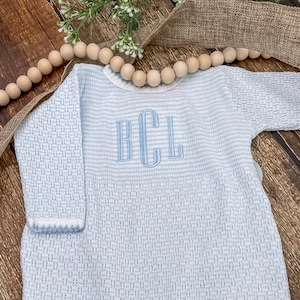 Light Blue Paty Inc Monogrammed Knit Baby Gown, Personalized Baby Boy Home Coming Outfit, Newborn Knit Layette Gown, Unisex Baby Gown