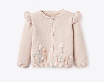 Taupe Flutter Sleeve Hand Embroidered Baby Cardigan, Floral Baby Sweater Personalized, Monogrammed Spring Sweater, Gabby Girl Designs