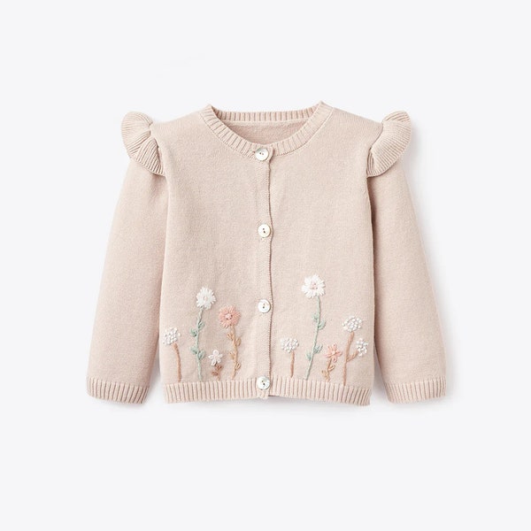 Taupe Flutter Sleeve Hand Embroidered Baby Cardigan, Floral Baby Sweater Personalized, Monogrammed Spring Sweater, Gabby Girl Designs