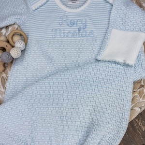 Light Blue Paty Inc Monogrammed Knit Baby Gown, Personalized Baby Boy Home Coming Outfit, Newborn Knit Layette Gown, Unisex Pima Baby Gown