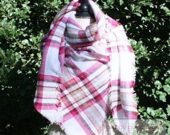 Clearance Sale - Plaid Blanket Scarf - Monogrammed Blanket Scarf - Pink Beige Burgundy Scarf -  Plaid Scarf -