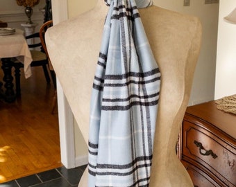 Clearance Sale - Cashmere Feel Light Blue,  Black Plaid Scarf - Monogrammed Traditional Plaid Scarf -  Blue and Black Soft Warm Winter Scarf