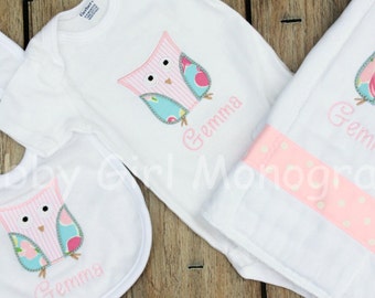 Owl Baby Burp Cloth Bib and Bodysuit Gift Set  Custom Monogrammed