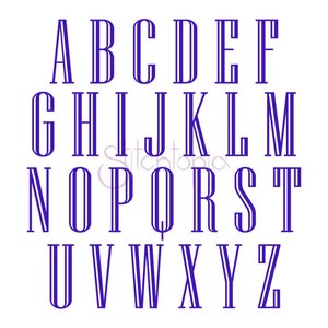 May include: A full alphabet in a navy blue, art deco style font. Each letter is tall and slender, with a double-lined design. The letters are arranged in rows on a white background.