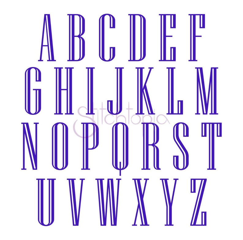 May include: A full alphabet in a navy blue, art deco style font. Each letter is tall and slender, with a double-lined design. The letters are arranged in rows on a white background.