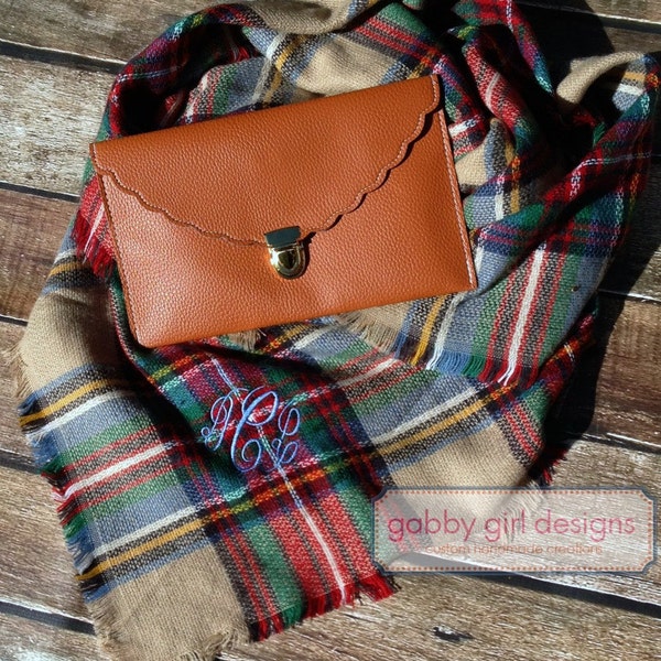 Beautiful  Plaid Blanket Scarf - Monogrammed Blanket Scarf - Red and Cream Scarf - Tartan Plaid Scarf -