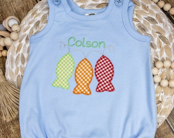 Baby Boy Bubble, Baby Boy Gift, Baby Boy Fishing Bubble, Fishing Buddy Romper, Personalized Baby Sun Suit, Summer Romper, Colorful Fish