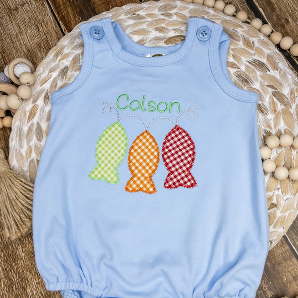 Baby Boy Bubble, Baby Boy Gift, Baby Boy Fishing Bubble, Fishing Buddy Romper, Personalized Baby Sun Suit, Summer Romper, Colorful Fish