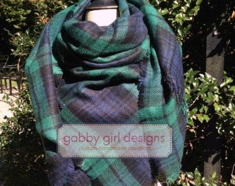 Clearance Sale - Plaid Blanket Scarf - Monogrammed Blanket Scarf -  Blue and Green Scarf -  Plaid Scarf - Tartan Plaid