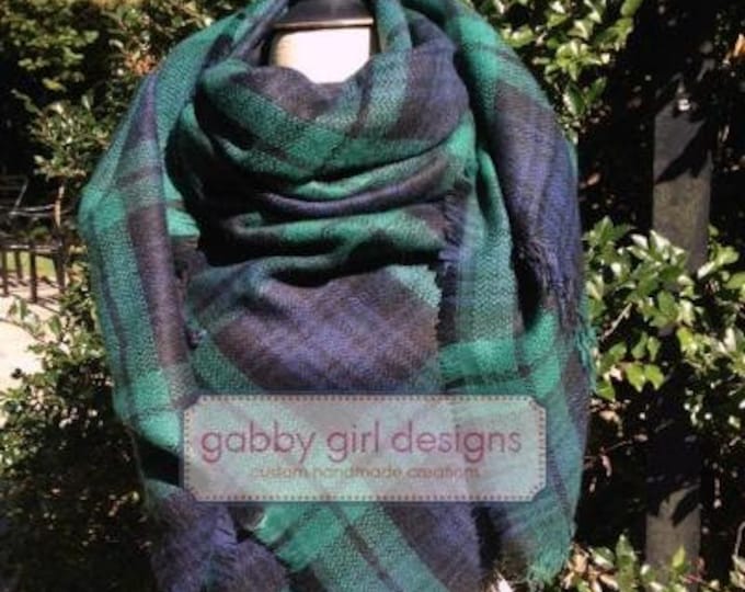 Clearance Sale - Plaid Blanket Scarf - Monogrammed Blanket Scarf -  Blue and Green Scarf -  Plaid Scarf - Tartan Plaid