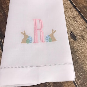 Easter  Linen Towels - Easter Bunny Tea Towel -  Bunny Easter Egg Tea Towel   - Spring Linen Tea Towel - Linen Hemstitch Tea Towel -