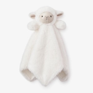 May include: A soft, white plush lamb security blanket. The lamb has a light tan face, ears, and small arms. The blanket portion is a square shape with rounded corners. The lamb's head is centered at the top of the blanket.