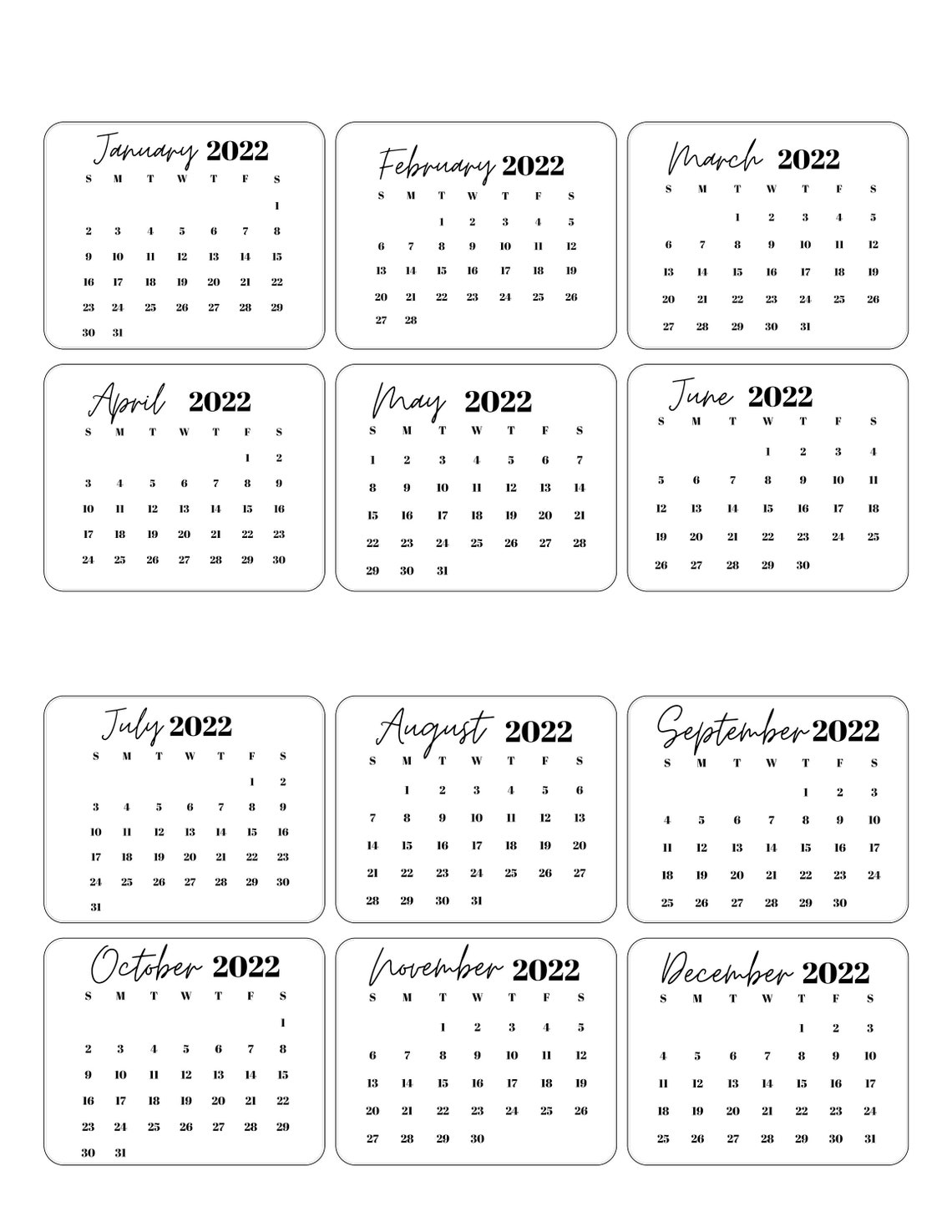 2022 Micro Calendar Printables Mini Calendar Bullet Journal Etsy