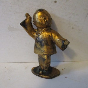 Cast Iron Statue - Qing dynasty dressed child dancing or practicing martial arts - fun rare form for decor 6&quot; x 4&quot; x 2&quot;