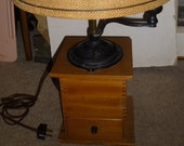 Arcade Coffee Grinder Lamp - Rare tall form with handle, storage drawer and spinning crank and swinging cast iron lid