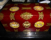 Ornate Jewelry Box - Korean Folding Form with 4 Drawers - Enamel and Brass Decor on Lacquered Rosewood - Excellent Condition
