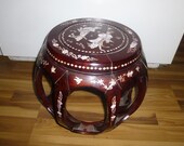 Vintage Mother of Pearl Inlaid Rosewood Side or End Table plant stand - Round Barrel Shape - charming Chinese or asian accent piece