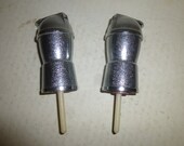 Liquor Bottle Pour Spouts - Matched Set of 2 Vinatge Mid Modern Steel Pourers with Rubber corks - hinged lids -