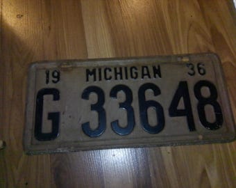 1936 Michigan License Plate - G33648 - very nice condition black on gray