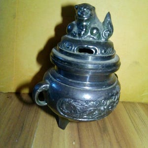 Bronze Incense Burner - 3.25" tall 2.5" diameter incense cone censer with pierced lid - Foo Dog finial and Dragon relief sides