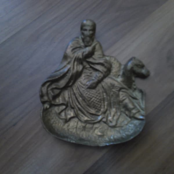 Brass Ashtray or Tip Tray - antique 4.5" oblong 1/2" deep -relief image of Bedouin with a camel