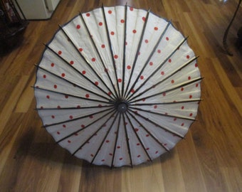 Rare bamboo and waxed rice paper 21" diam. Chinese umbrella (23" long) - Red Polka dots -rare form - very good condition