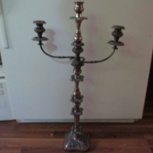 Antique Silverplate Candlestick with candelabra option - fun 3 piece art nouveau form 30.5&quot; tall -16&quot; wide 3 holder removable section