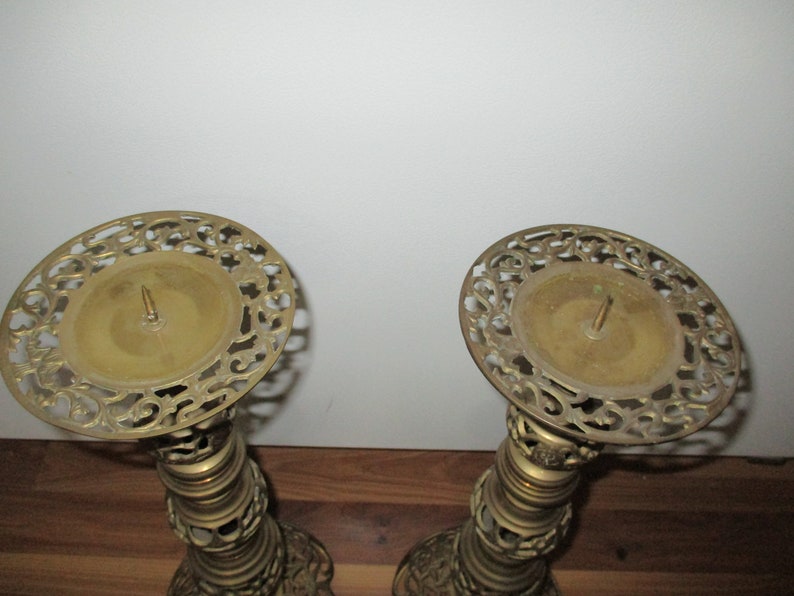 can be unscrewed and restyled to suit needs Amazing English Brass Candlesticks...cast pierced brass pair 17 high