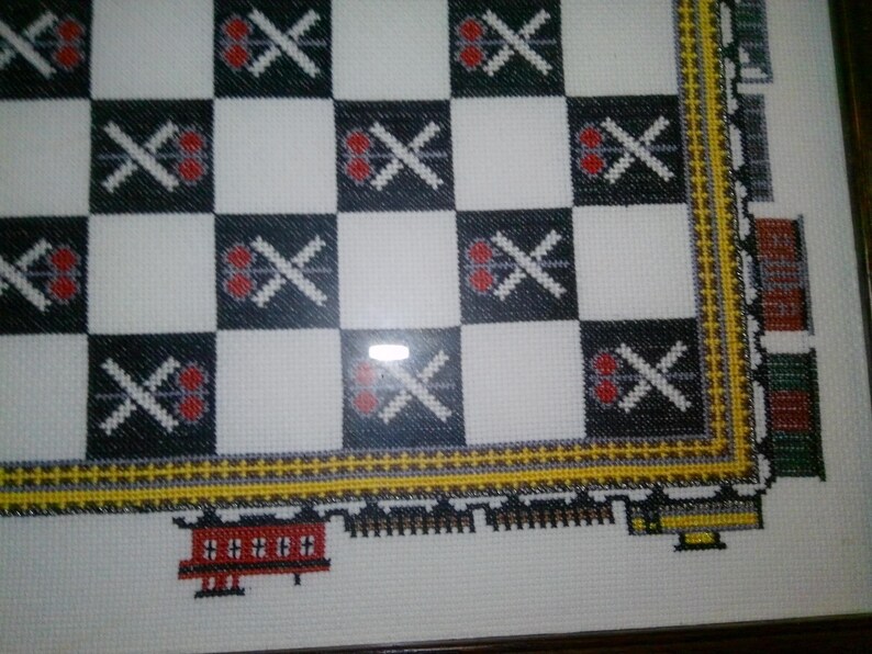 Railroad Themed Checkerboard Game Board -needlepoint Framed (15.75