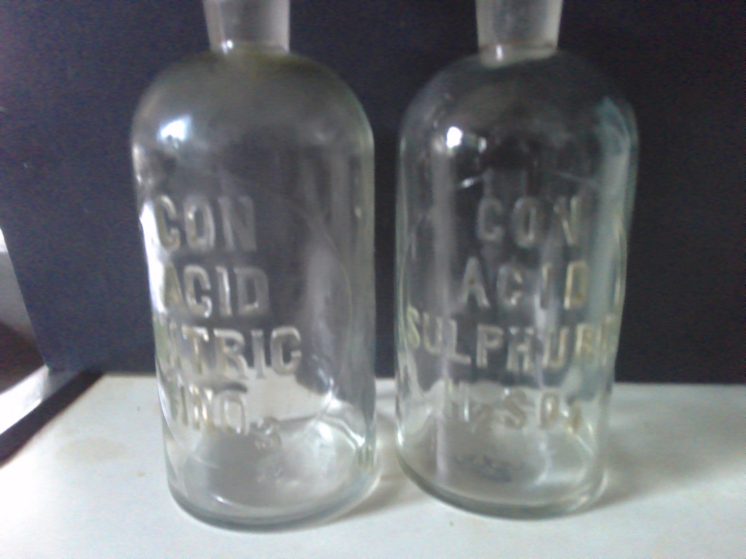 Antique Acid Bottles Two 20 Oz Relief Glass Bottles W Stoppers for