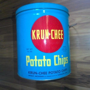 Krun-Chee Potato Chips 1960s 1.5 Lb Magic-Pak tin with great graphics and colors 11 h x 10 diam. Tin NO RUST image 2