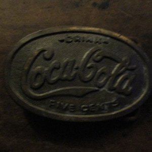Drink Coca-Cola 5 cents - vintage brass belt buckle advertising promo - 3&quot; oval form for belts 1.5&quot; wide.