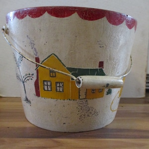 Victorian Vulcanite Bucket  - Folk art painted form with farm and church primitive landscape 9" deep at 11.5" rim - 15" at swing handle