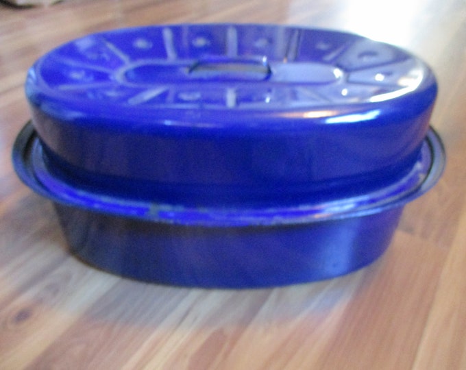 Blue Enamel Roasting Pan and Lid W/ Inner Grate Fun Etsy