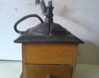 Antique Coffee Grinder Mill Victorian style WORKING cast iron and wood form 10" high at crank handle knob